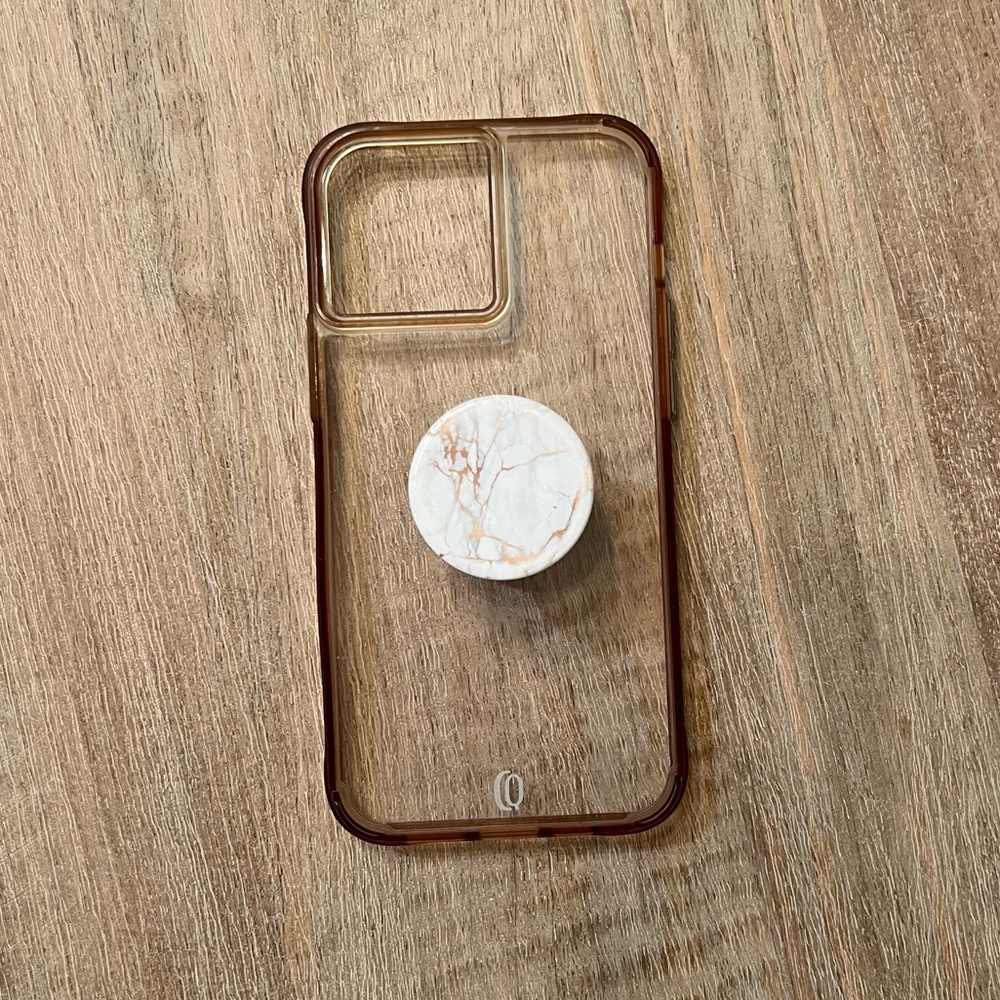Clear Gold iPhone Pro Max 13 Case with a Marble White/Gold Pop Socket Bundle